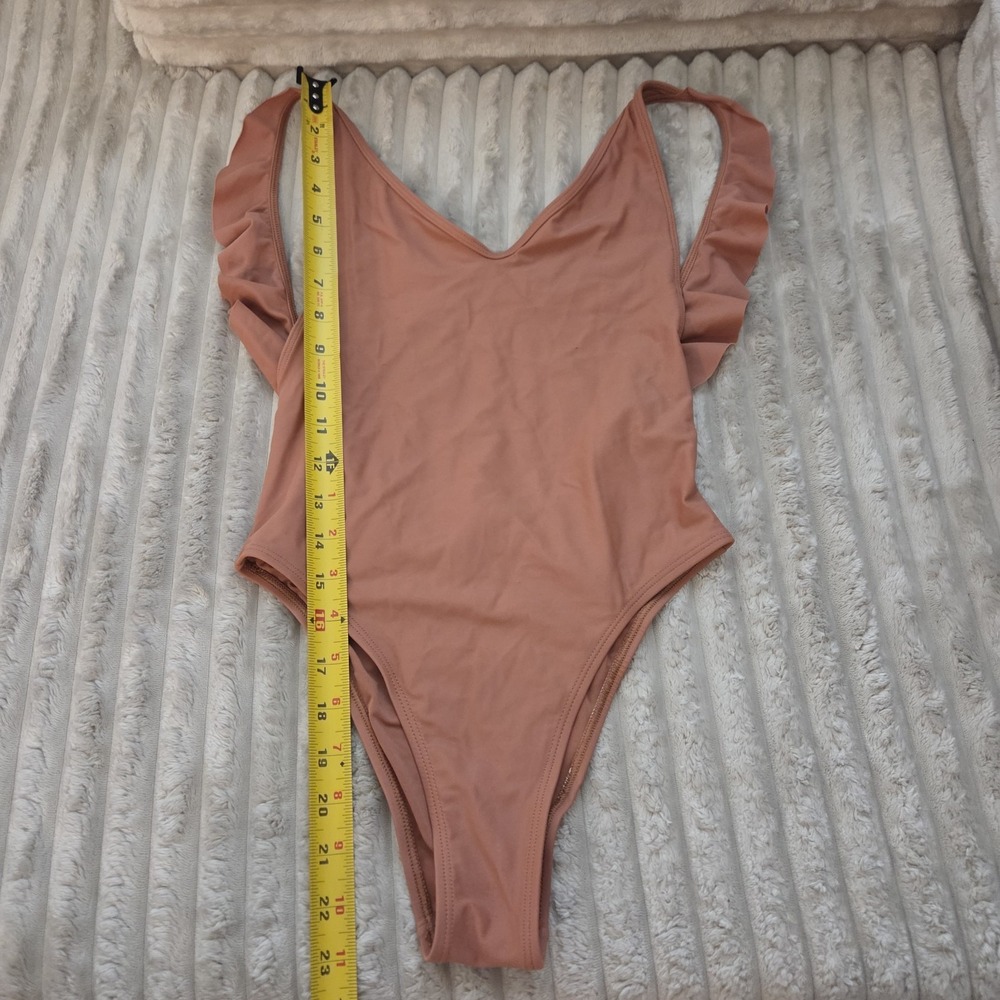 Aerie Ruffle Shoulder Deep V One Piece Swimsuit Coral Terracotta Orange XS - Picture 5 of 10